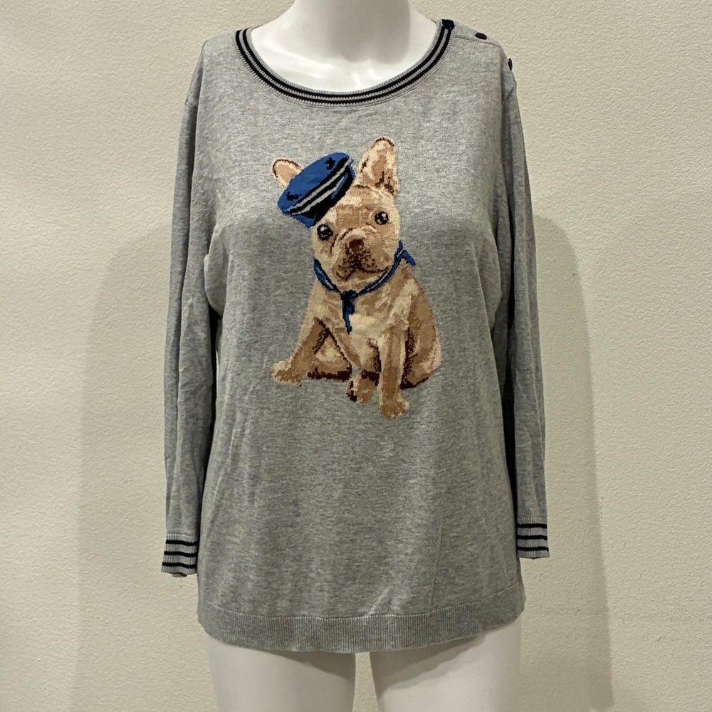 Talbots French Bulldog Nautical Pullover Sweater Women’s‎ S Grey Preppy Novelty